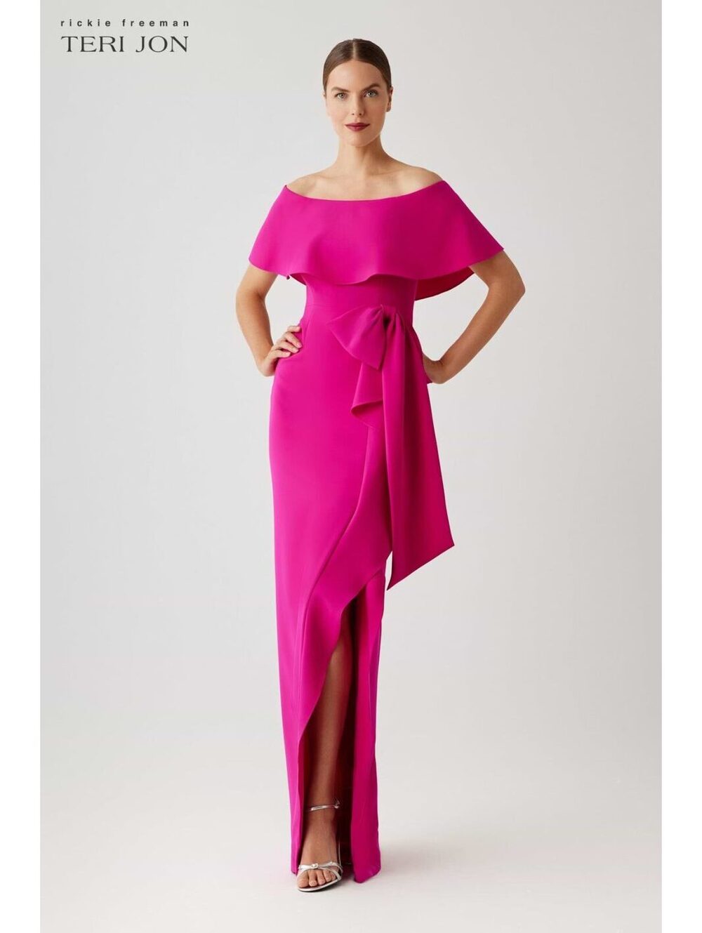 TERI JON BY RICKIE FREEMAN Crepe Off The Shoulder Flounce With Bow Trim Gown